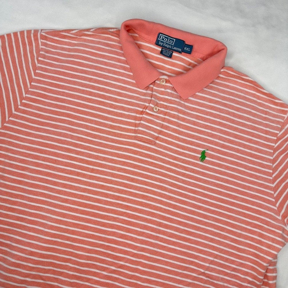 Polo Ralph Lauren Shirt Men's XXL Orange White Stripe Golf Short Sleeve Preppy